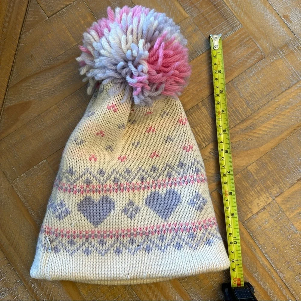 Vintage Smiley Wool Girls Purple Pink Heart Pom Pom Beanie Hat Made in USA